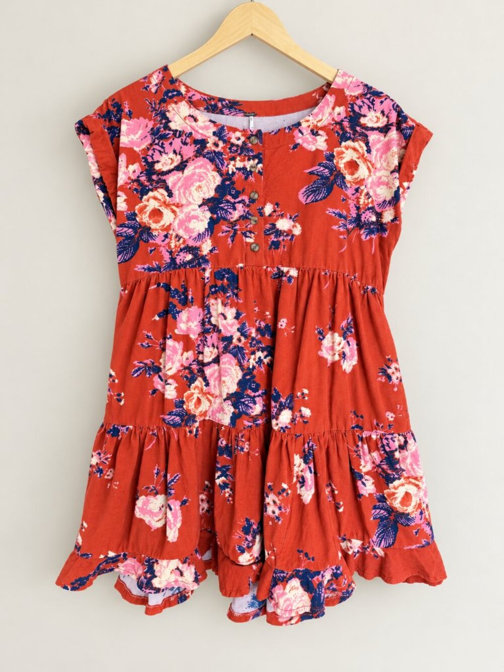 Free People Rust Floral Corduroy Tiered Babydoll Mini Dress Women's XS Boho